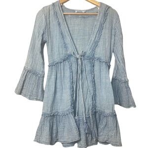 Blue Island Size XS Tasseled Boho
3/4 Sleeve Beach Tie Front Cover Up Kimono
